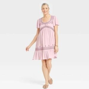 Women's Flutter Short Sleeve Embroidered A-Line Dress- Knox Rose
